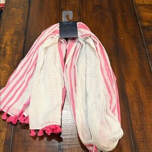 Joules Pink and White Striped Lightweight Scarf with Tassels